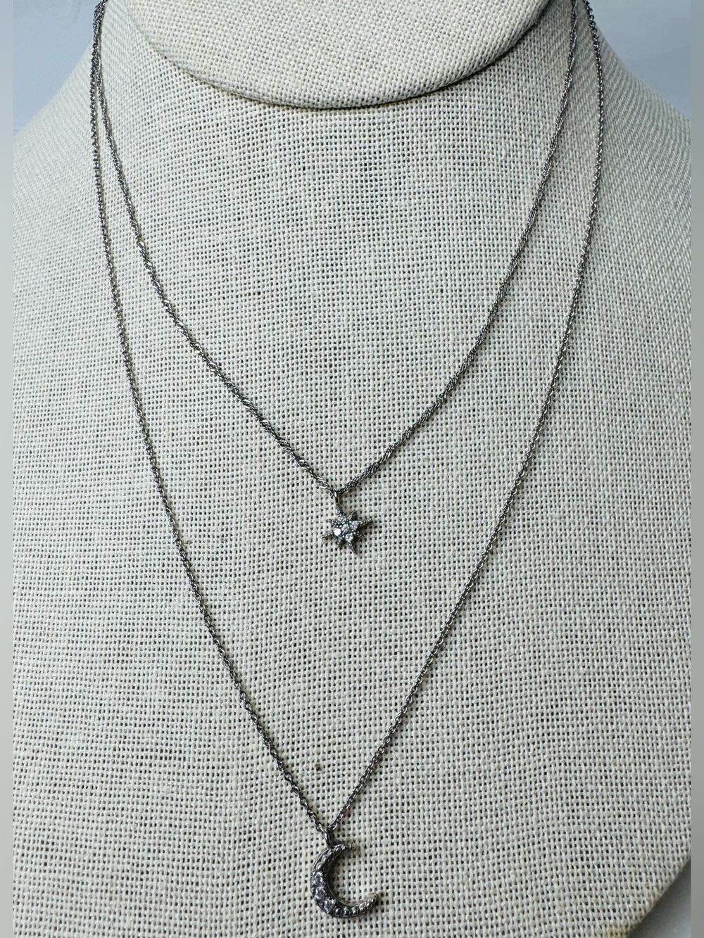Silver Tone Moon & Star Dainty Necklace Double Strand